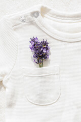 Lavender sprig on cotton fabric, terry material, blouse, bodysuit. Lavender in а pocket. Softener, fragrance for clothes concept.