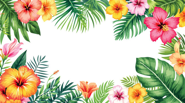 Fototapeta Watercolor tropical floral arrangement with hibiscus flowers and lush greenery on a white background.