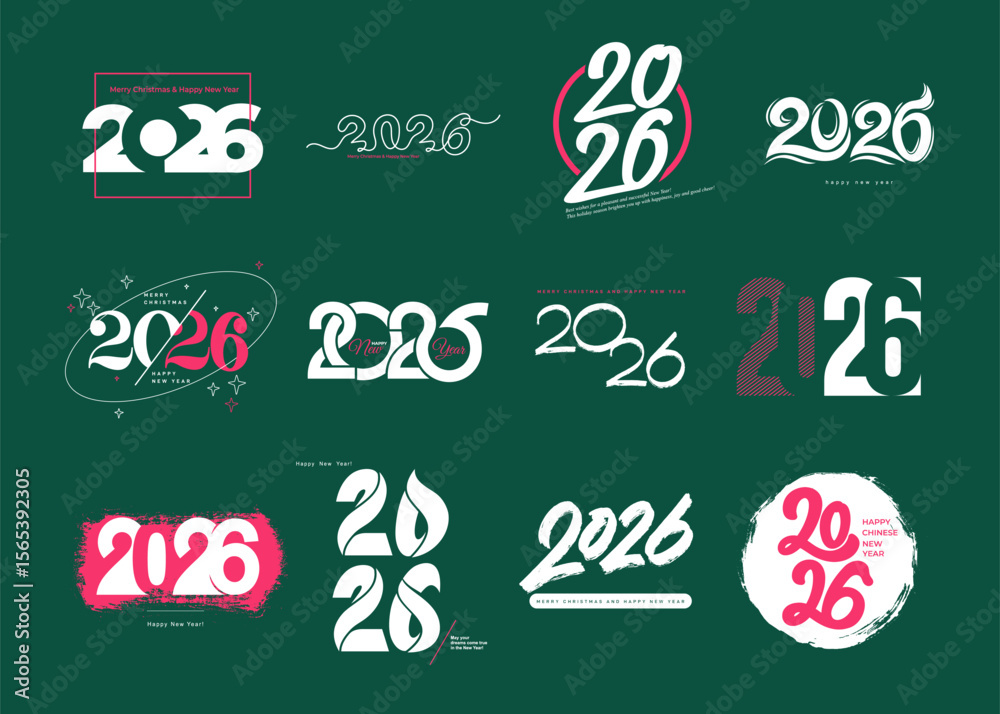 Fototapete set of happy new year 2026 text design. set of cover of business diary for 2026 with wishes. brochur