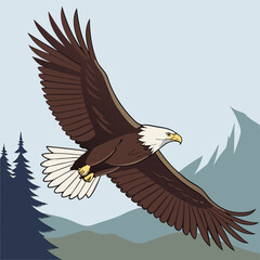 Majestic bald eagle soars through a serene mountain landscape