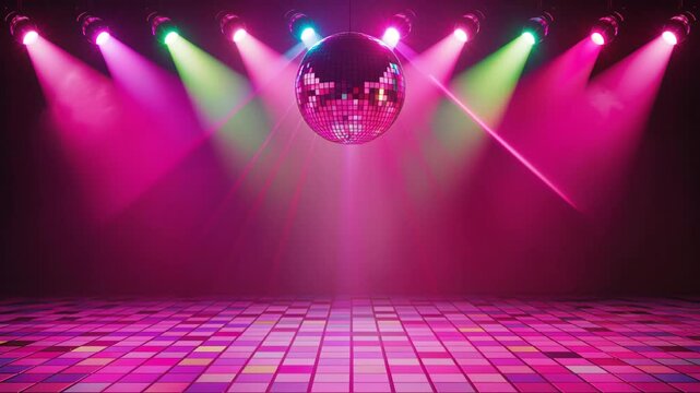 A shiny disco ball above the groovy dance floor slowly rotates, neon stage lights gently glide across the checkered floor, reflections shimmering in the vibrant atmosphere