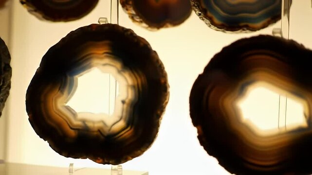 Agate slices with layered textures displayed against a softly lit background