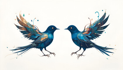 Obraz premium Two stylized blue birds with artistic wings create a vibrant nature scene, perfect for graphic design and decorative art projects.