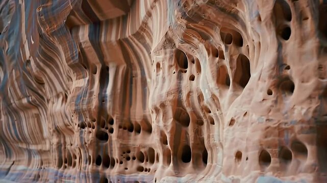 Eroded sandstone formation with holes and layered stripes, abstract natural pattern
