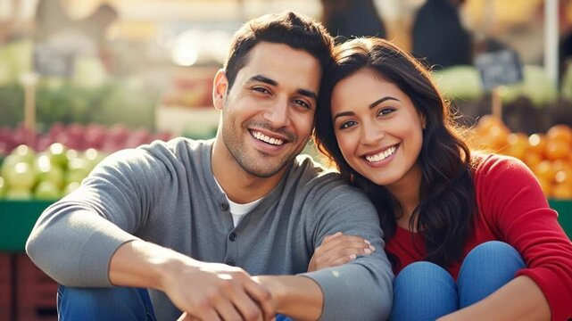 Happy young and attractive Latino couple sitting and smiling outdoors at a fruit market on a sunny day