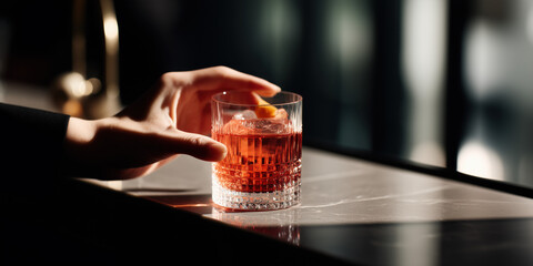Hand reaching for a red cocktail in a textured glass on marble counter. Elegant drink background for banner or beverage design, mixology concept 