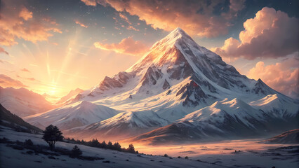 Beautiful mountain landscape snow peaks at sunset scenic view nature photography wallpaper background art