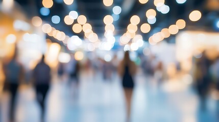 Blurred people walking in a brightly lit space with bokeh lights creating a sense of movement and energy © Elite Holiday