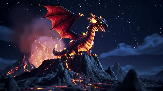 Volcanic-scaled dragon perched atop rocky peak under starry night sky, glowing with lava