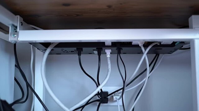 Cables hanging from the underside of a wooden desk with white metal frame