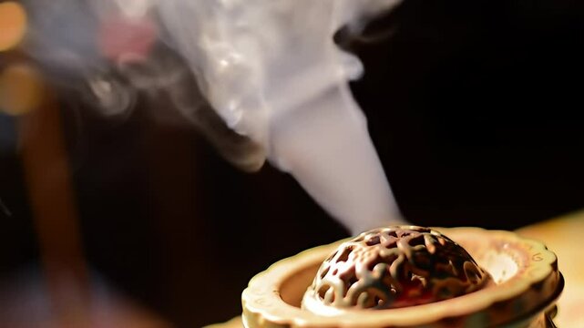 Golden bowl holding openwork lid with swirling smoke against a dark background