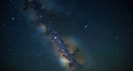 Fototapeta premium Milky Way stretches across the night sky with a shooting star streaking through the darkness.