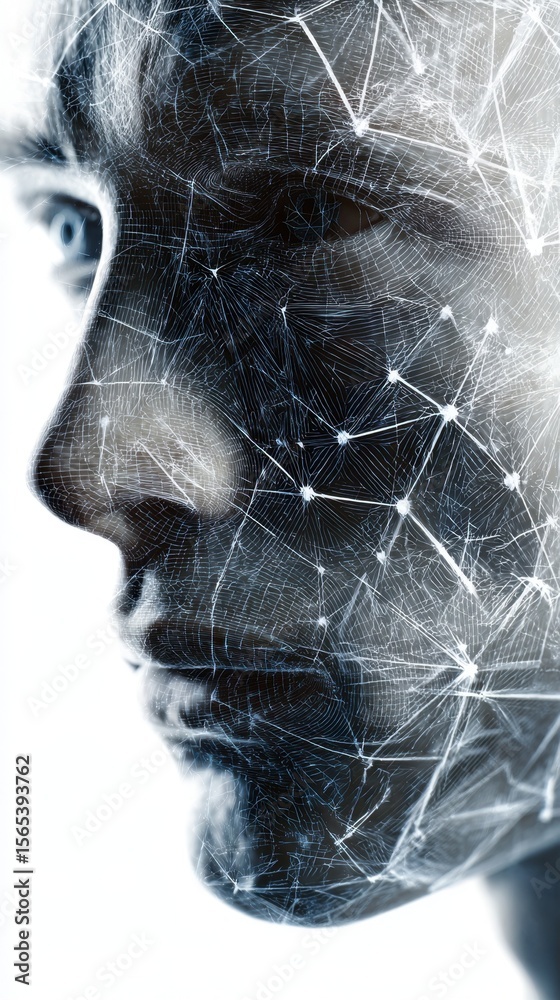 Poster artistic rendering of a mans face undergoing facial recognition processing adorned with a dynamic ge