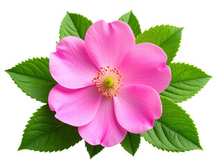 Single Pink Balsam Flower with Broad Green Leaves, isolated on transparent background