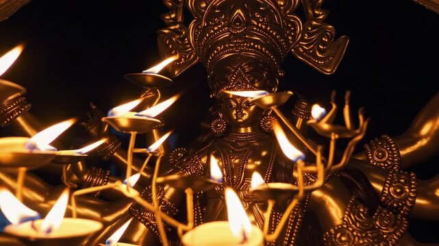 Intricate hindu goddess statue with illuminated flames