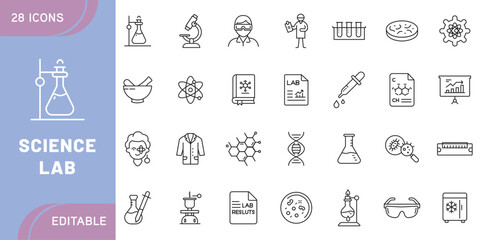 Science Lab Icon Set – Chemistry, Physics, Biology, Laboratory Equipment, Microscope, Test Tube, Experiment, Research, DNA, Molecule, and Scientific Tools in Line Style