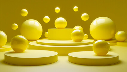 a yellow empty podium with a flying yellow ball