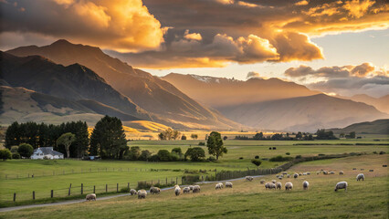 Serene Golden Hour Landscape: Sheep Grazing in Picturesque Mountain Valley at Sunset