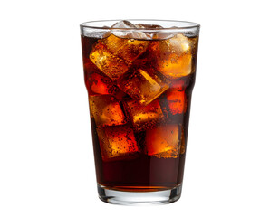 Tall Glass of Cola with Ice Cubes and Condensation Drops, isolated on transparent background