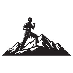 Male practicing martial arts on the top of a mountain silhouette logo vector