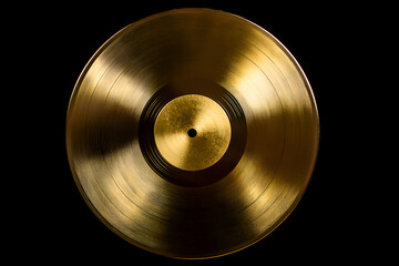 Golden vinyl record shining on black background representing music industry success
