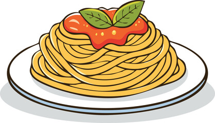Cartoon illustration of spaghetti pasta dish, topped with sauce and basil leaves.