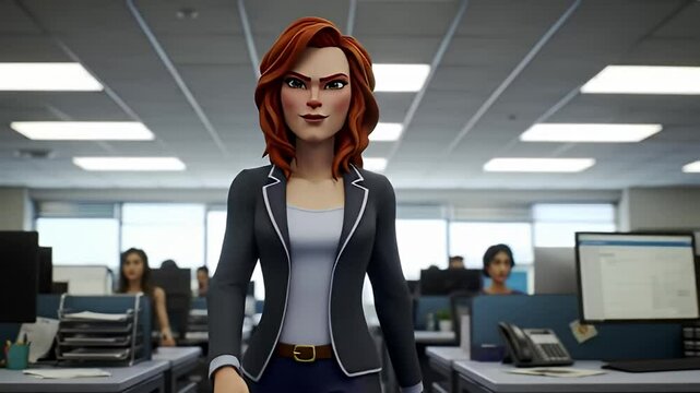 Animated woman strides confidently through a modern, active office landscape scene
