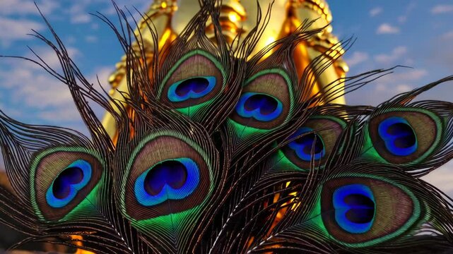 Golden statue of murugan adorned with vibrant peacock feathers