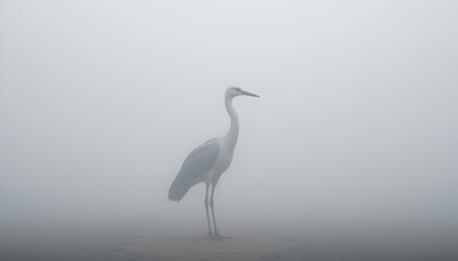 Fototapeta premium A solitary white heron stands gracefully amidst the dense fog, creating a tranquil, mysterious, and ethereal nature scene.