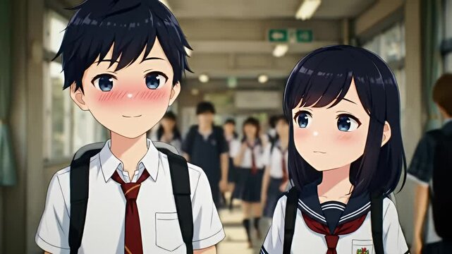Anime teenagers in school hallway wearing uniform with rosy cheeks and big blue eyes