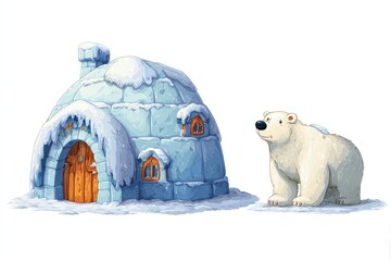 Cartoon igloo house with snow-dusted roof icy blue details and friendly polar bear neighbor isolated on white background