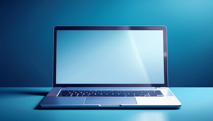 laptop with blank screen on blue background technology concept