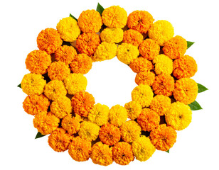Top View of Marigold Garland in Circular Arrangement, isolated on transparent background