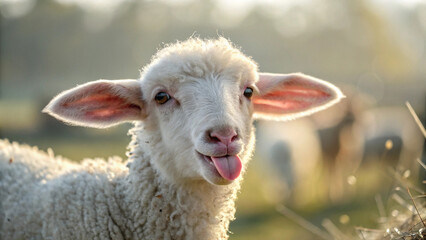 Playful Lamb, Fluffy White Fleece, Golden Hour Light, Rural Farm Setting, Happy Expression, Tongue Out, Adorable, Springtime Pasture.
