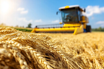 Farmer harvesting wheat in a sunny field during autumn