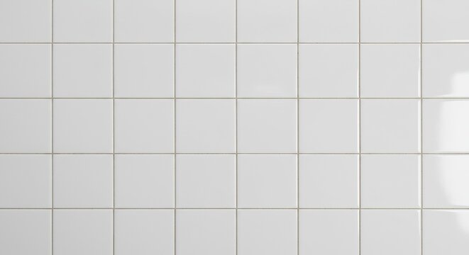 White square ceramic tiles with light grout lines in a grid pattern on a wall showing a subtle sheen
