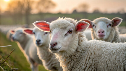Adorable fluffy lambs in a sun-drenched pasture, idyllic rural scene, peaceful springtime mood.