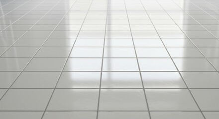 White tiled floor with grid pattern and reflections from an overhead light source