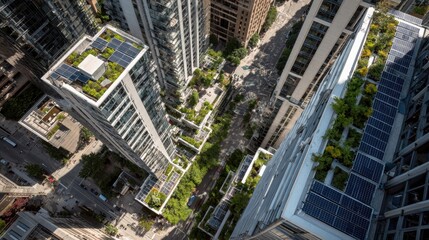 Obraz premium An aerial view of a vibrant cityscape showcases sleek buildings equipped with solar balconies highlighting innovative architectural designs that promote energy efficiency and sustainability