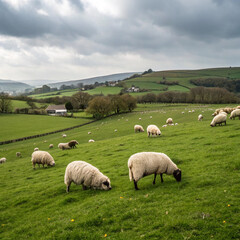 Serene Pastoral Scene: Flock of Sheep Grazing on Rolling Green Hills Under a Cloudy Sky