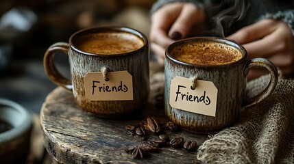 Two steaming cups of coffee labeled friends on a rustic wooden surface image