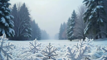 Macro snowflakes on fresh snow in a tranquil winter forest. Peaceful snowy landscape with fir trees and falling snowflakes.. - Powered by Adobe