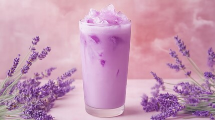 Aesthetic ube drink with soft pink and lavender background