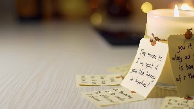 Lit candle with cryptic handwritten notes attached on a white wood table