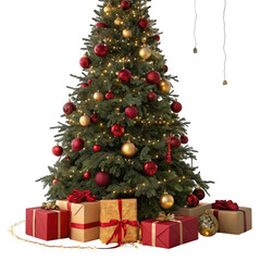 Festive christmas tree decorated with red and gold ornaments and gifts isolated on transparent background