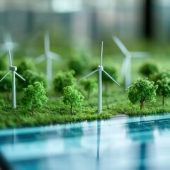 ESG, Environment and Investment Miniature wind turbines and trees in a model landscape setting.