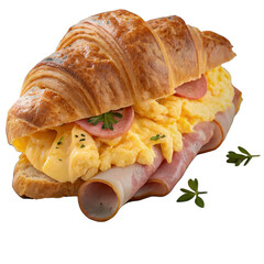Croissant with Scrambled Eggs, Ham, and Cheese on Plate Isolated on Transparent Background

