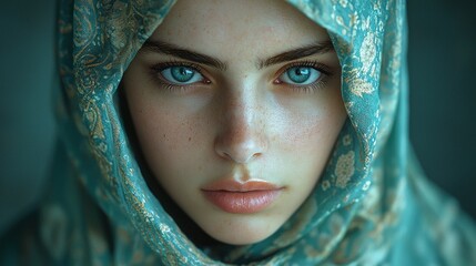 Close-up portrait of a woman with teal patterned hijab