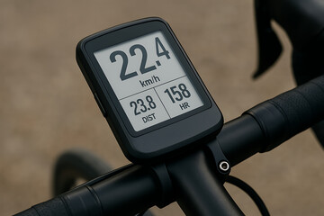 Close up of a bicycle computer displaying speed distance and heart rate mounted on handlebars outside