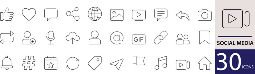 Minimal Social Media Line Icon Set 30 Clean Outline Designs for Online Platforms, Network, and Communication